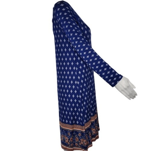 Loveappella Blue Patterned Long Sleeve Criss Cross‎ Open Back Dress - Picture 4 of 12